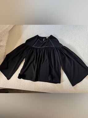 Women’s Black Stud-Trim Bell Sleeve Blouse